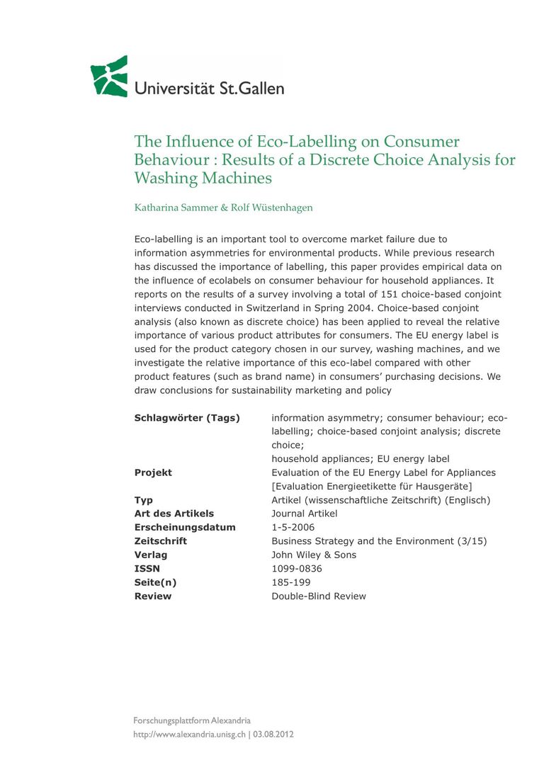 Bericht: The Influence of Eco-Labelling on Consumer Behaviour : Results of a Discrete Choice Analysis for Washing Machines