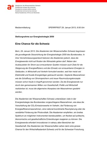 Medienmitteilung: Energiestrategie 2050 - Stellungnahme der Akademien Schweiz
