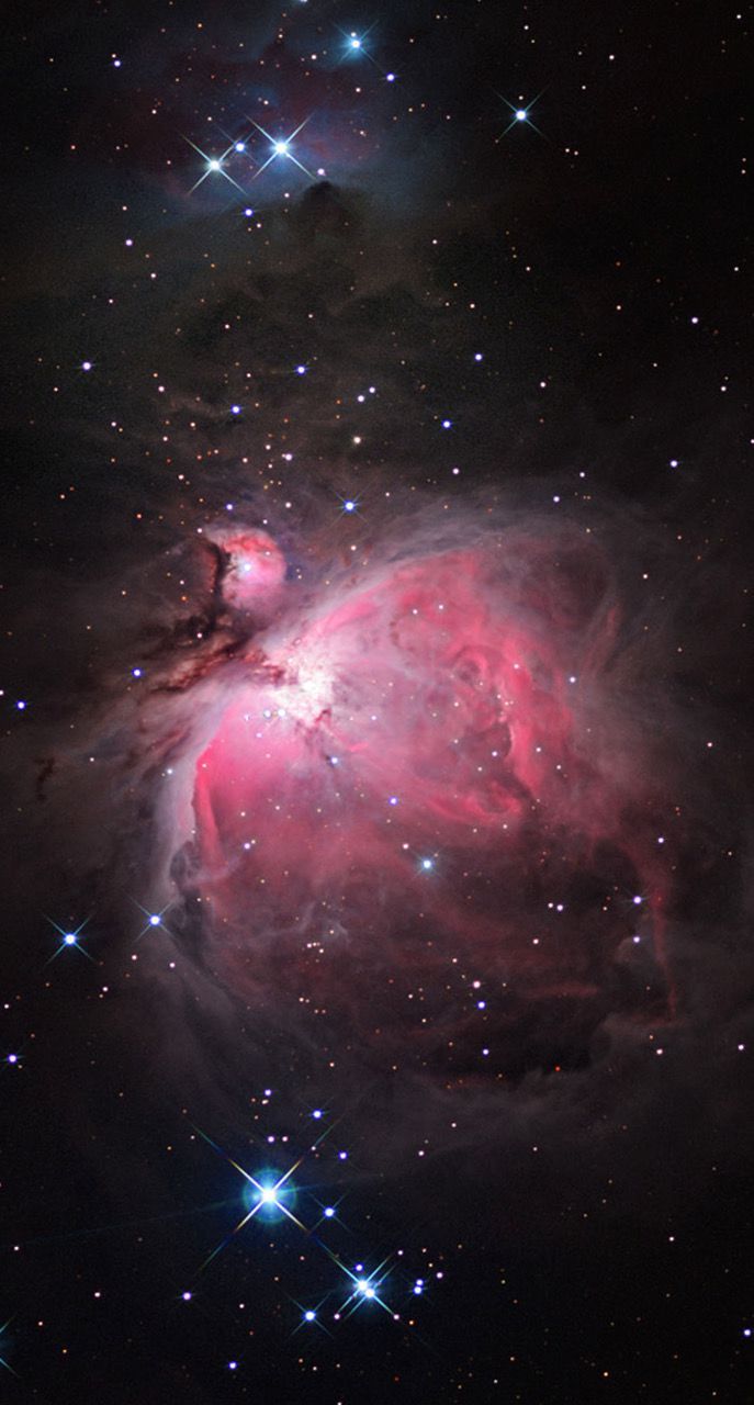 Der Orionnebel (M42). In der zentralen (fast weissen) Region entstehen Sterne, die durch ihre Strahlung den Nebel zum Leuchten anregen.