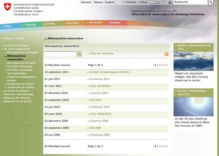 Site web de la MétéoSuisse: Bulletin climatologique saisonnier