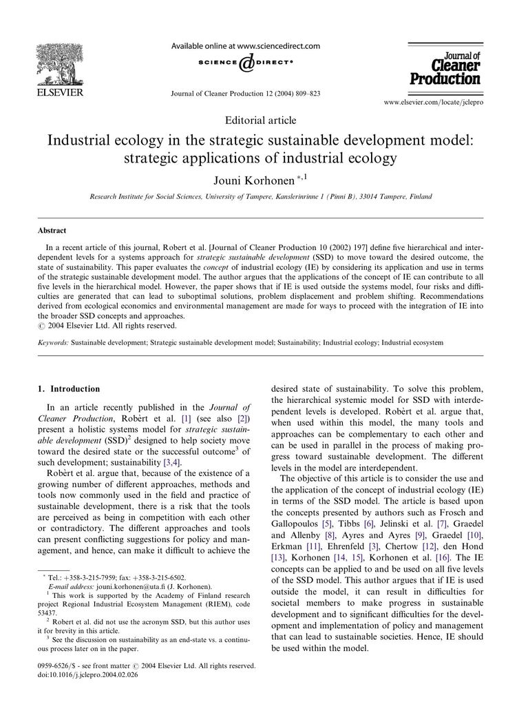 Bericht: Industrial ecology in the strategic sustainable development model: stratgic application of industrial ecology