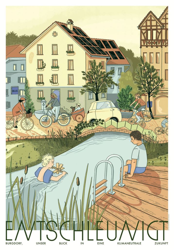 L’eau et les espaces verts apportent de la fraîcheur à la ville de Berthoud en 2050. Ils invitent également à se détendre, à se promener et à faire du vélo. L’illustration montre le carrefour Mülibach-Metzgergasse.