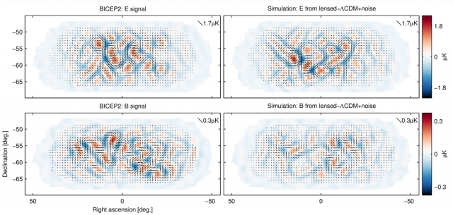 Die Darstellung zeigt Polarisationsmuster, aus denen Kosmologen auf die Existenz der Gravitationswellen schliessen können.