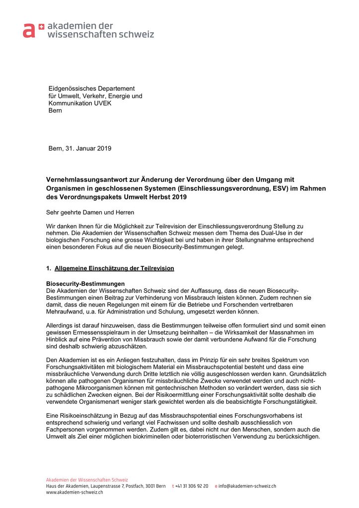 Stellungnahme der Akademien Schweiz: Teilrevision der Einschliessungsverordnung 2019
