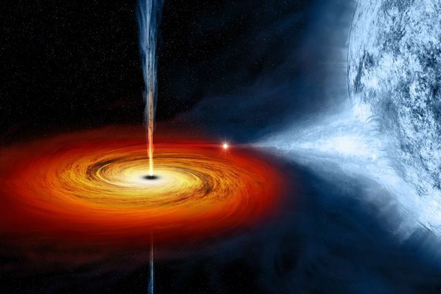 Illustration of the black hole Cygnus-X-1 with neighboring blue giant and accretion disk.