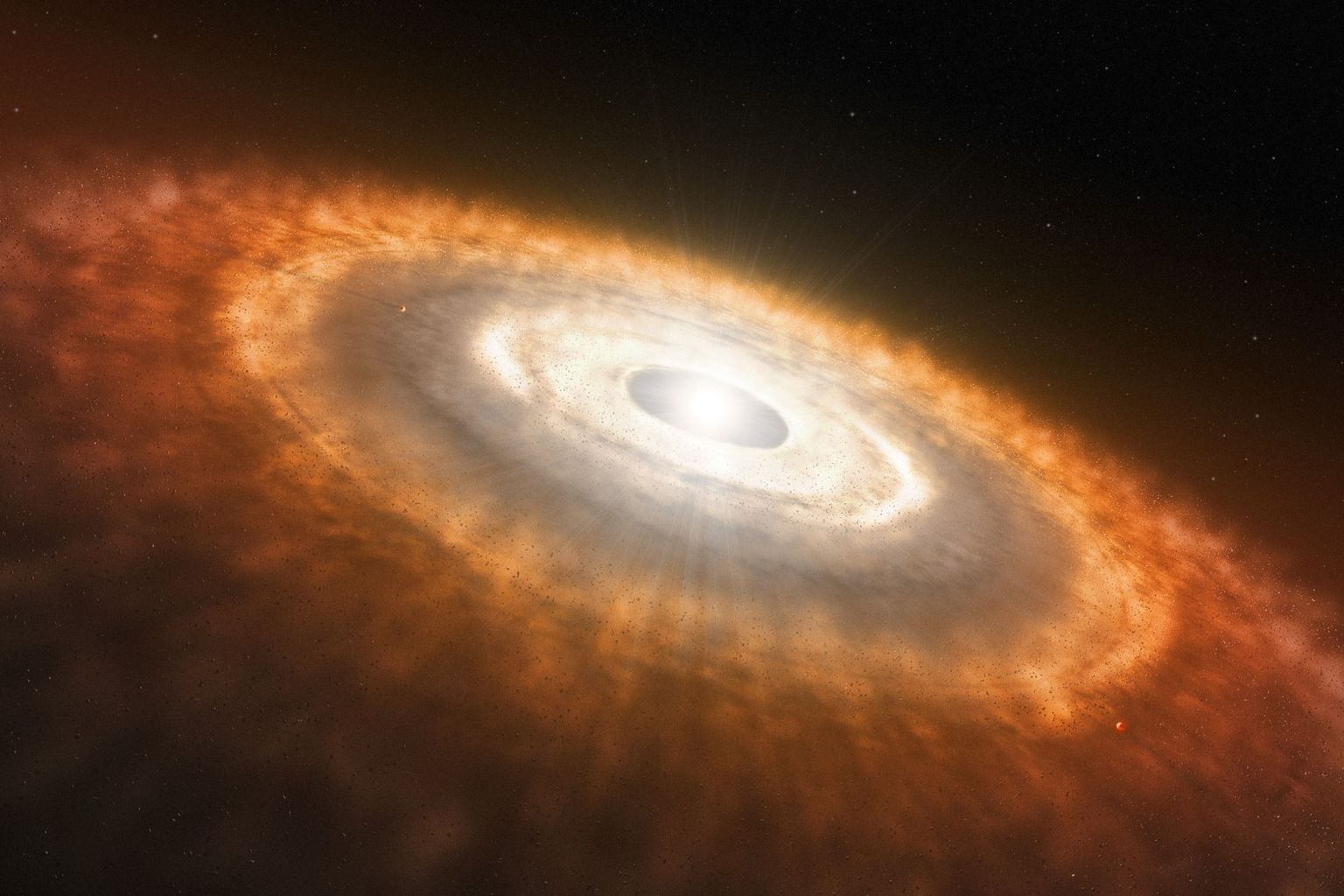 Eine künstlerische Darstellung eines jungen Sterns, der von einer protoplanetaren Scheibe umgeben ist, in der sich Planeten bilden.