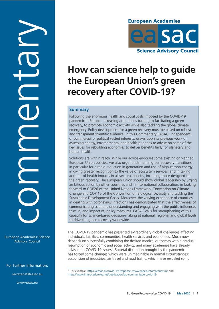 EASAC Commentary "How can science help to guide the European Union’s green recovery after COVID-19?"