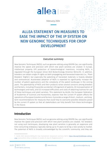 ALLEA Statement "Measures to ease the impact of the IP system on new genomic techniques for crop development"