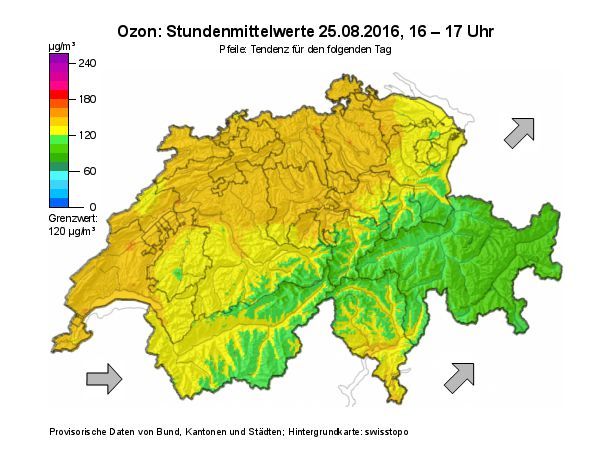 Generalisierte Überschreitung des Ozon-Grenzwertes im Mittelland (25.08.2016).