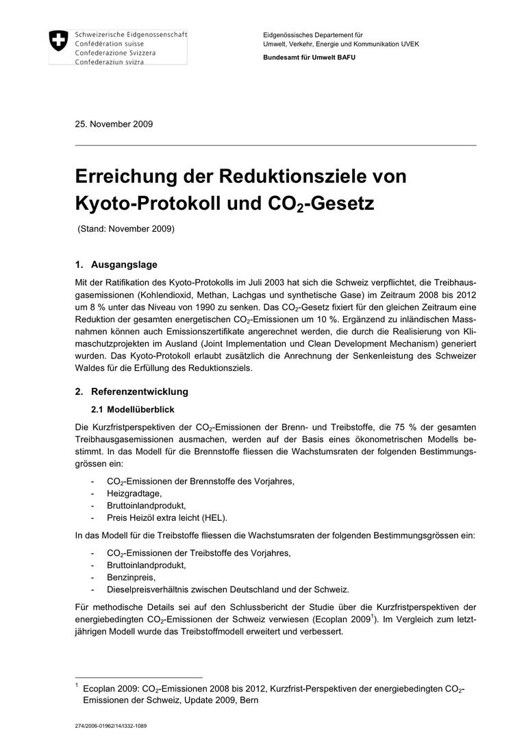 Link zum Dokument: Erreichung der Reduktionsziele von Kyoto-Protokoll und CO2-Gesetz