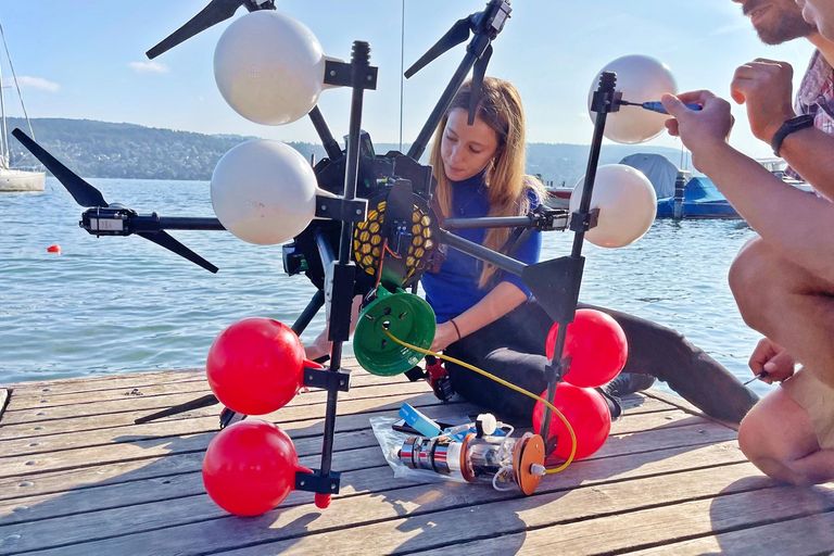 Constanca Rosa, scientist at Imperial College London, prepares the MEDUSA drone for take off.