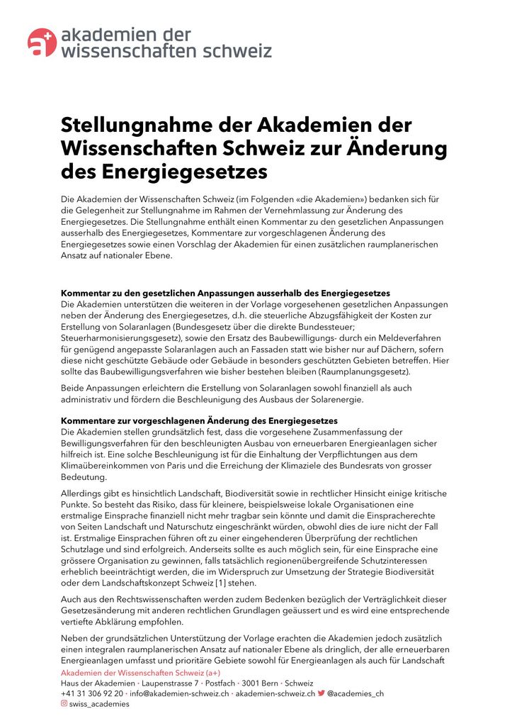 Stellungnahme der Akademien der Wissenschaften Schweiz zur Änderung des Energiegesetzes