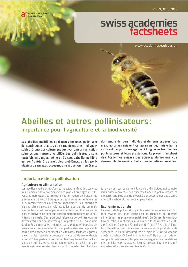 Abeilles et autres pollinisateurs:  importance pour l'agriculture et la biodiversité (2014)