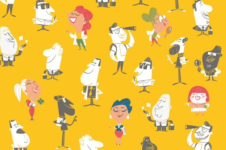 male and female scientists on yellow background