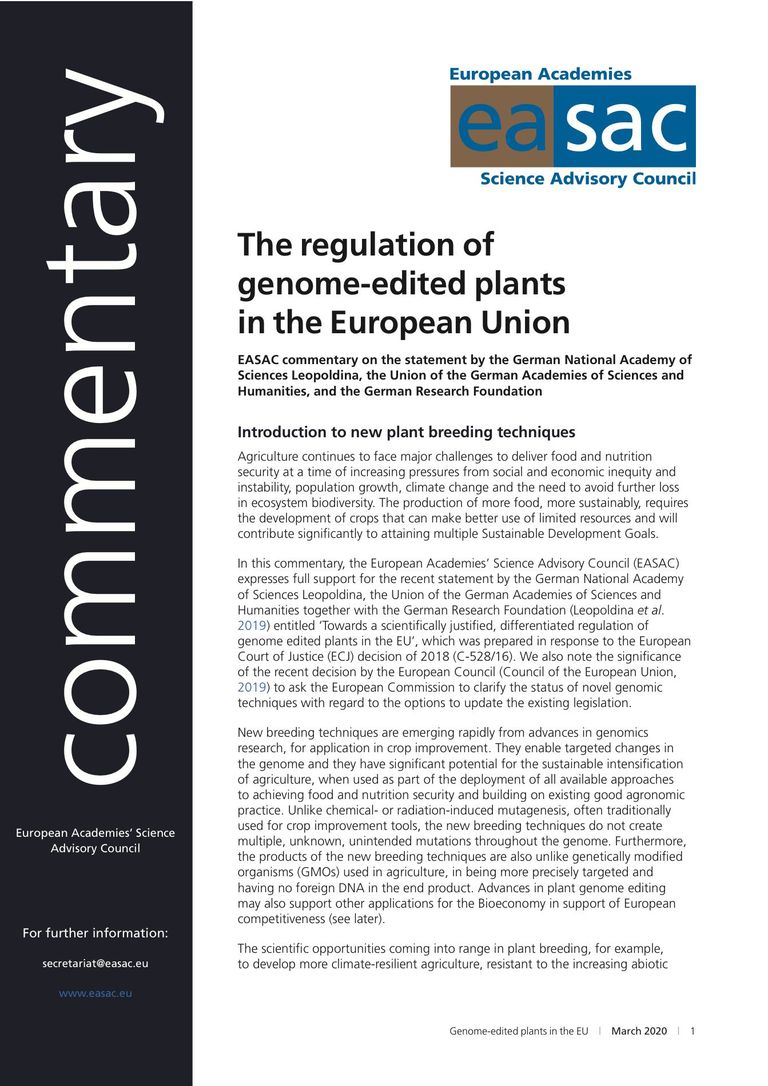EASAC Commentary "The regulation of genome edited plants in the EU"