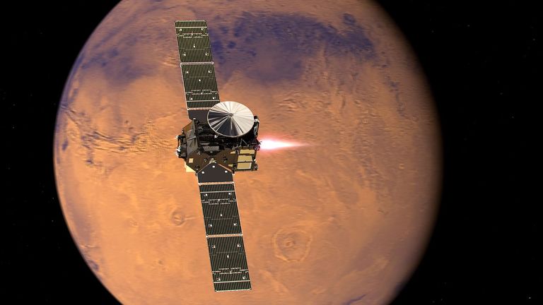 ExoMars Trace Gas Orbiter (TGO) vor dem Roten Planeten