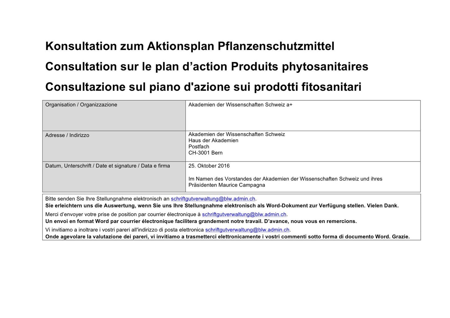 Stellungnahme zum Aktionsplan „Risikoreduktion und nachhaltige Anwendung von Pflanzenschutzmitteln“ (Akademien der Wissenschaften Schweiz, 2016)