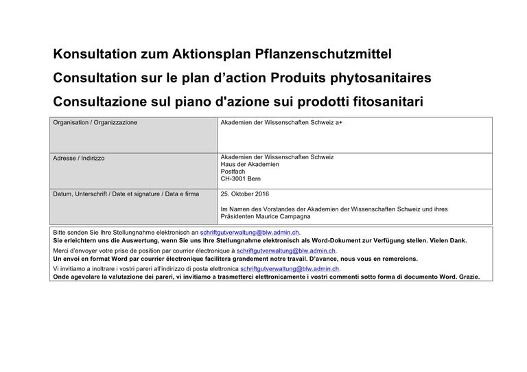 Stellungnahme zum Aktionsplan „Risikoreduktion und nachhaltige Anwendung von Pflanzenschutzmitteln“ (Akademien der Wissenschaften Schweiz, 2016)