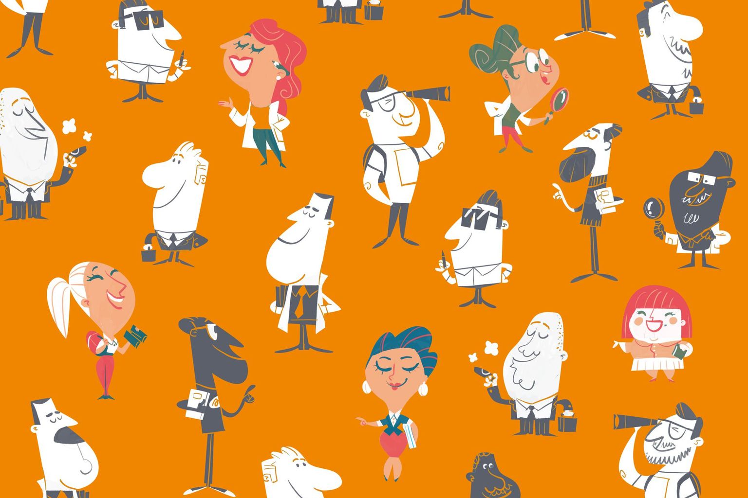 male and female scientists on orange background