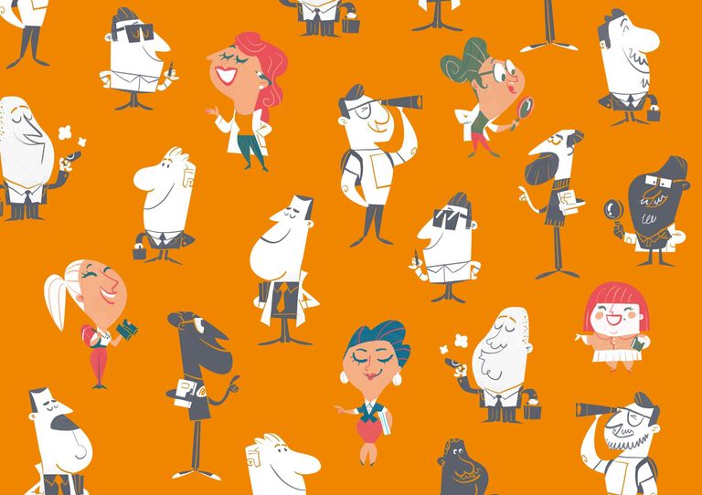 male and female scientists on orange background