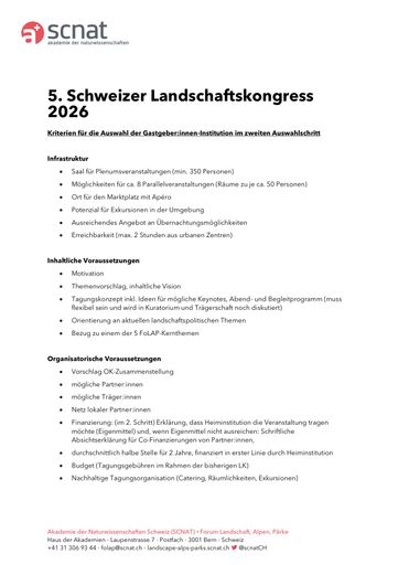 Kriterienliste Ausschreibung 5. Schweizer Landschaftskongress
