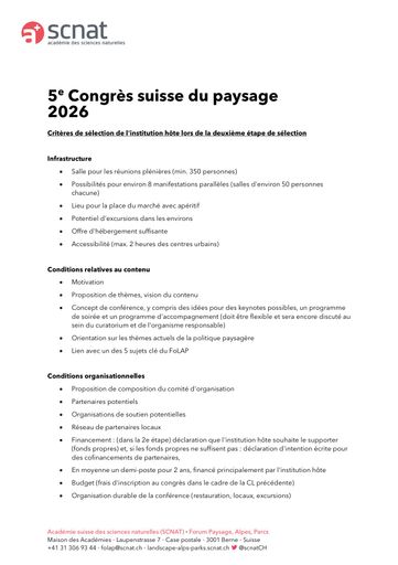 Critères de sélection 5e Congrès suisse du paysage