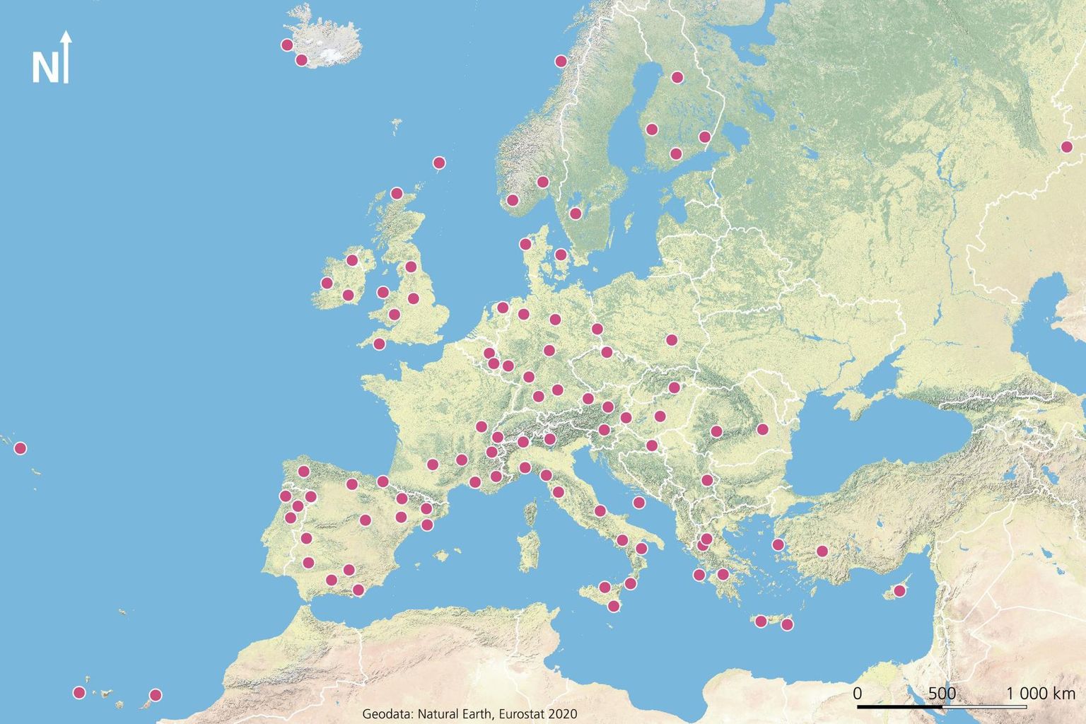 UNESCO Global Geoparks in Europa. Stand April 2022: In 28 europäischen Ländern gibt es 94 Geoparks. Die Nachbarländer der Schweiz weisen zusammen 30 Geoparks auf (Deutschland: 8, Frankreich: 7, Italien: 12, Österreich: 3). (Karte: S. Martin, Relief)