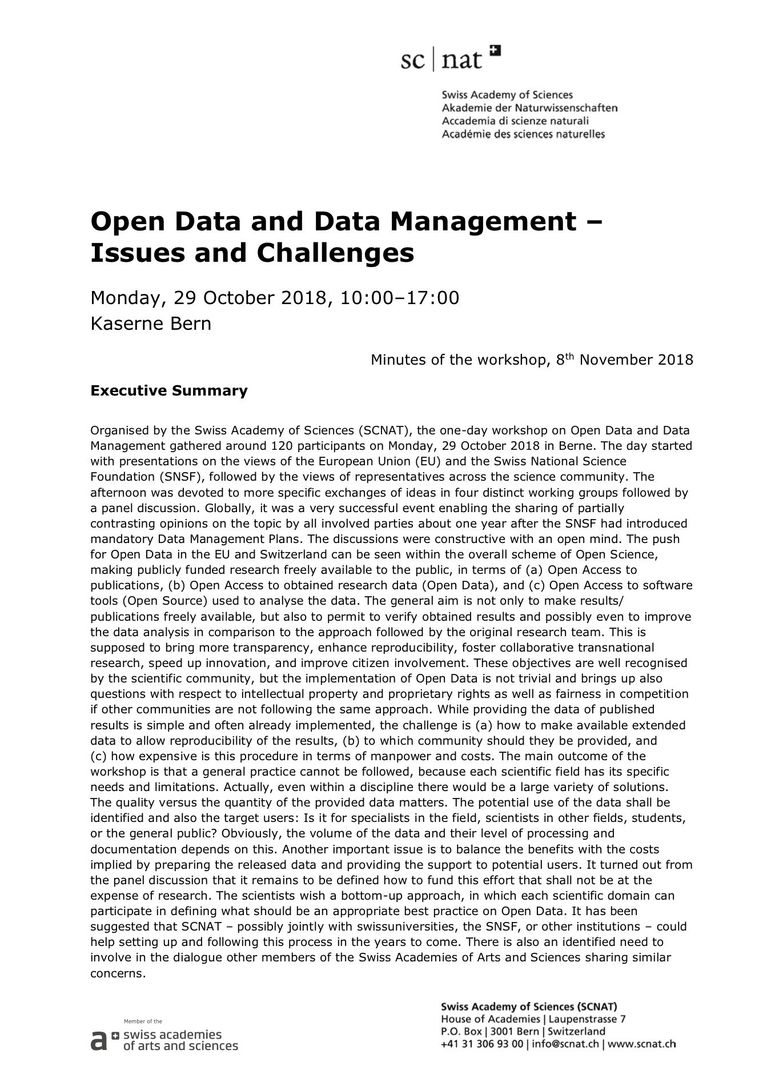 Minutes of the Workshop on Open Data and Data Management 2018