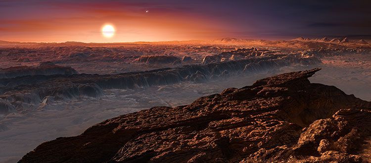 Cette représentation d’artiste montre une vue de la surface de la planète Proxima b en orbite autour de la naine rouge Proxima du Centaure, l’étoile la plus proche du Système Solaire.
