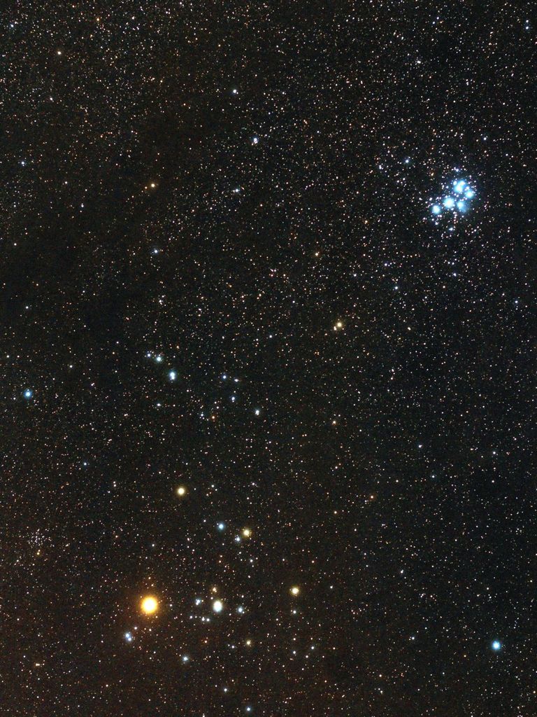 Die Plejaden (oben) und die Hyaden im Sternbild Stier, 400 bzw. 150 Lichtjahre entfernt. Der helle rote Stern ist der Riesenstern Aldebaran. Er steht in etwa  der halben Distanz der Hyaden