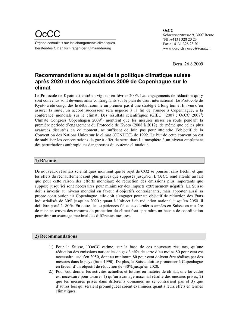 Prises de position: Recommandations de l'OcCC au sujet de la politique climatique suisse après 2020 et des négociations 2009 de Copenhague sur le climat