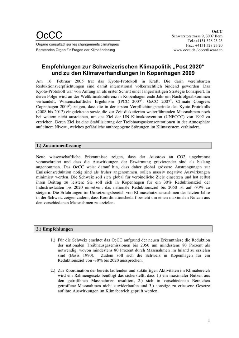 Stellungnahme: OcCC-Stellungnahme zur «Schweizerischen Klimapolitik und zu den Klimaverhandlungen in Kopenhagen 2009»