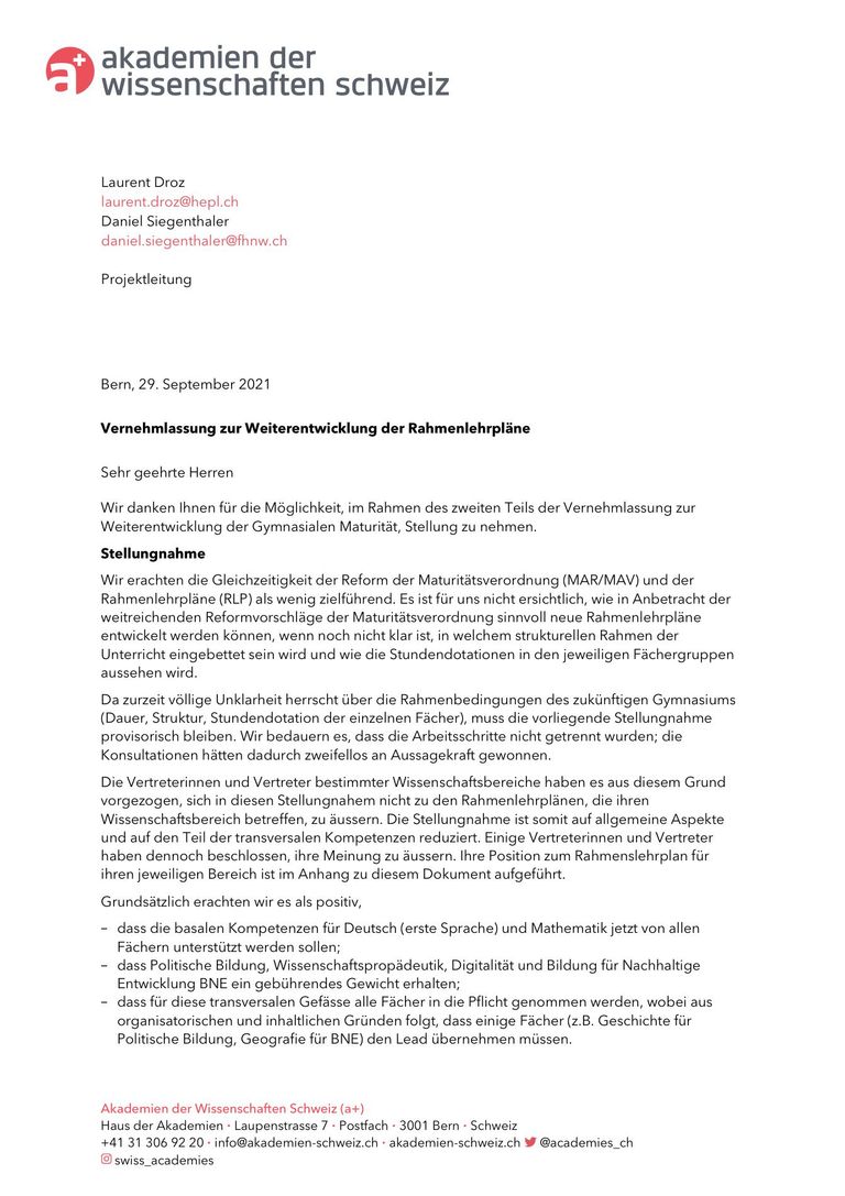 Stellungnahme RLP 2021 – Akademien der Wissenschaften Schweiz