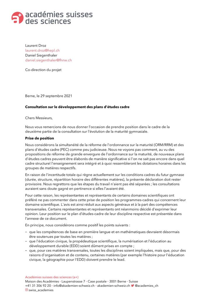 Prise de position PEC – 2021 – Académies suisses des sciences