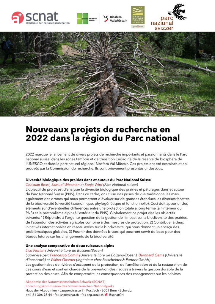 Nouveaux projets de recherche dans la région du parc national 2022