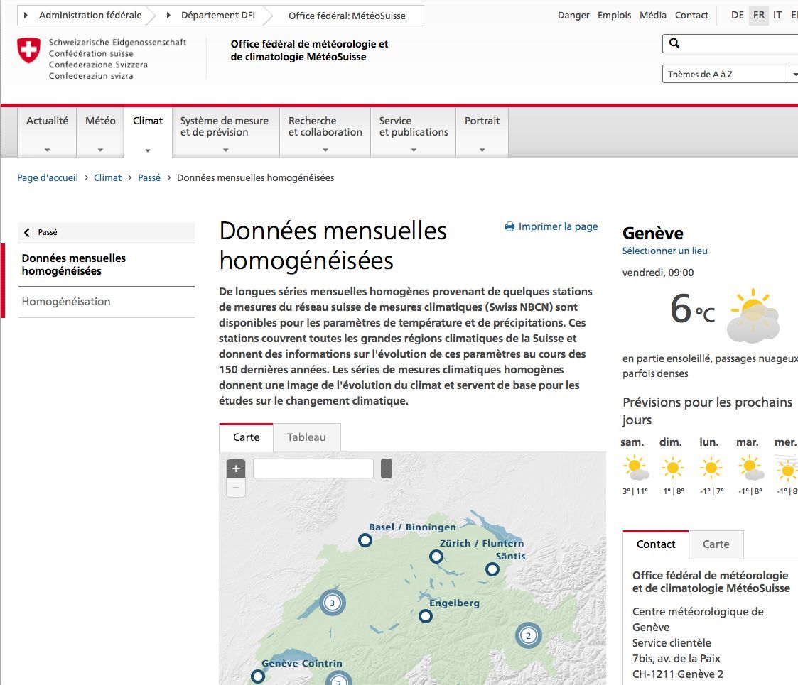 Site web de la MétéoSuisse: Séries à long terme de températures et précipitations en Suisse