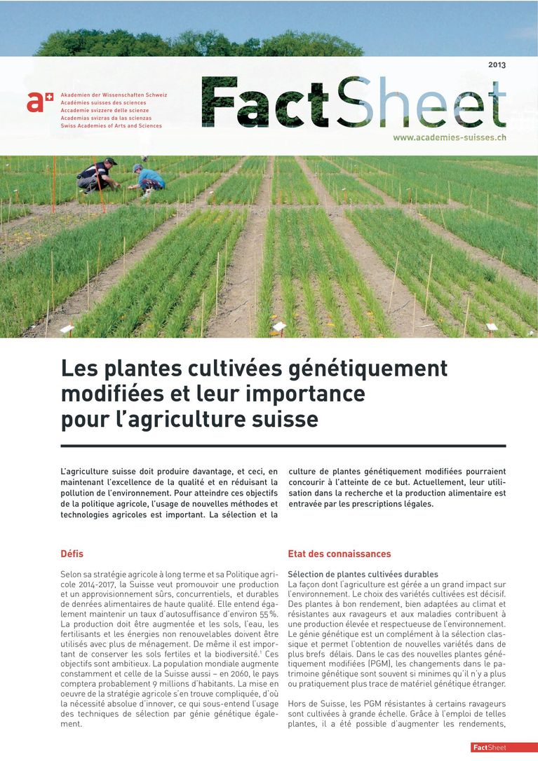 Les plantes cultivées génétiquement modifiées et leur importance pour l'agriculture suisse (2013, Académies suisses des sciences)