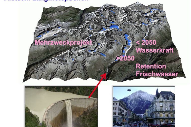 Neu entstehende Seen im Hochgebirge könnten in einer ersten Phase für die Wasserkraft benutzt werden und später auch als Speicher für Frischwasser dienen
