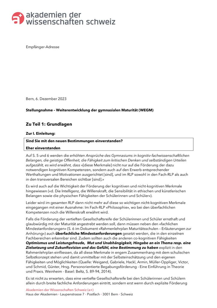 Stellungnahme RLP – Akademien Schweiz