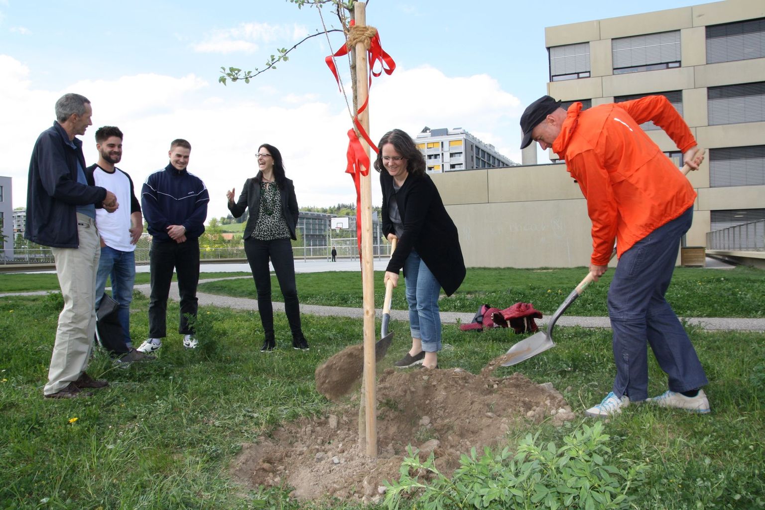 Baumpflanzaktion: Anlässlich des Jubiläums pflanzte das ProClim-Team im Brünnengut Bern einen jungen Apfelbaum.