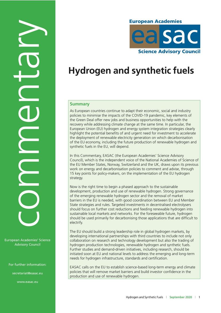 EASAC Commentary "Hydrogen and synthetic fuels"