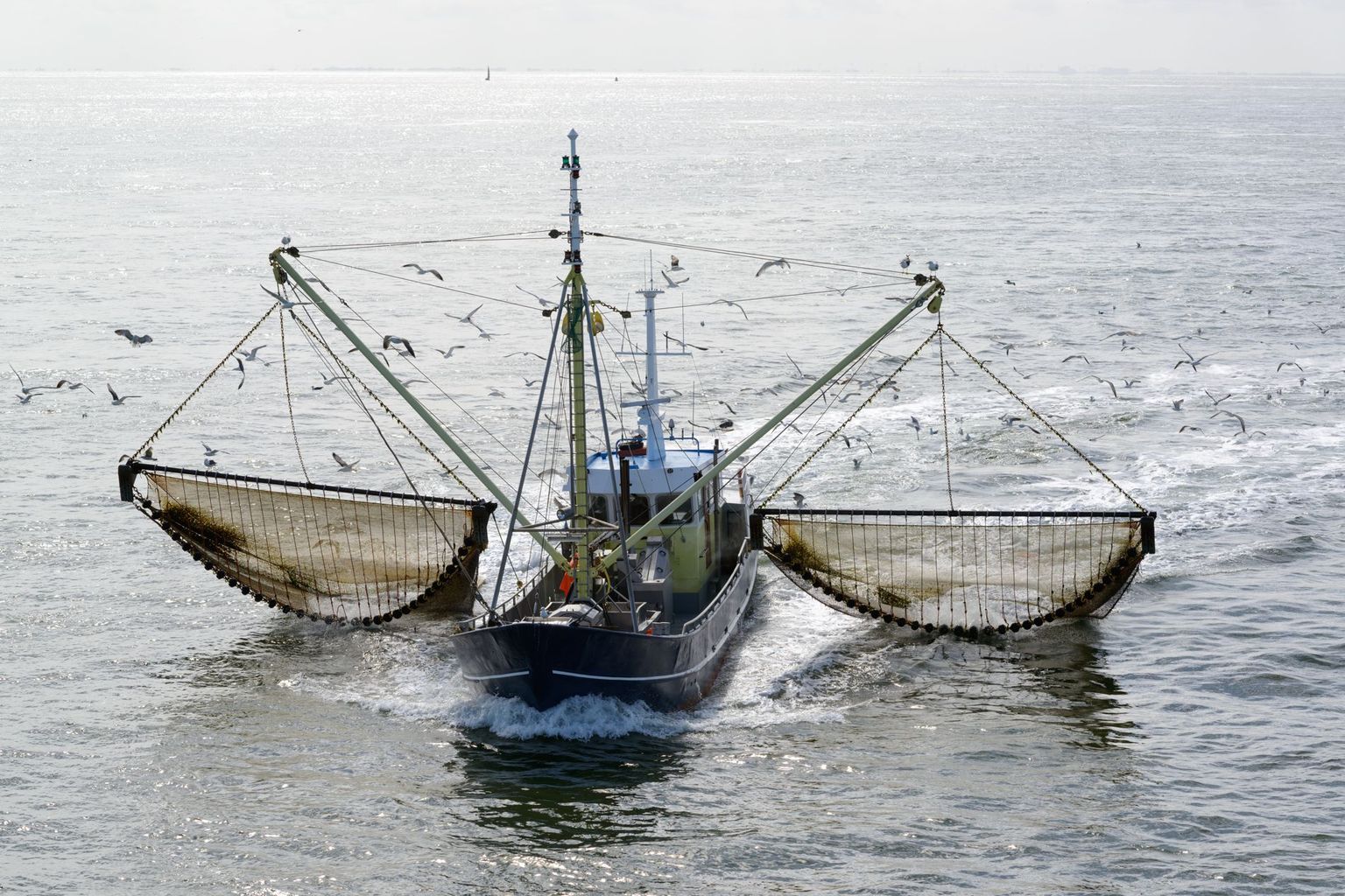Fishing boat dragging a net through the waters of the Wadden Sea