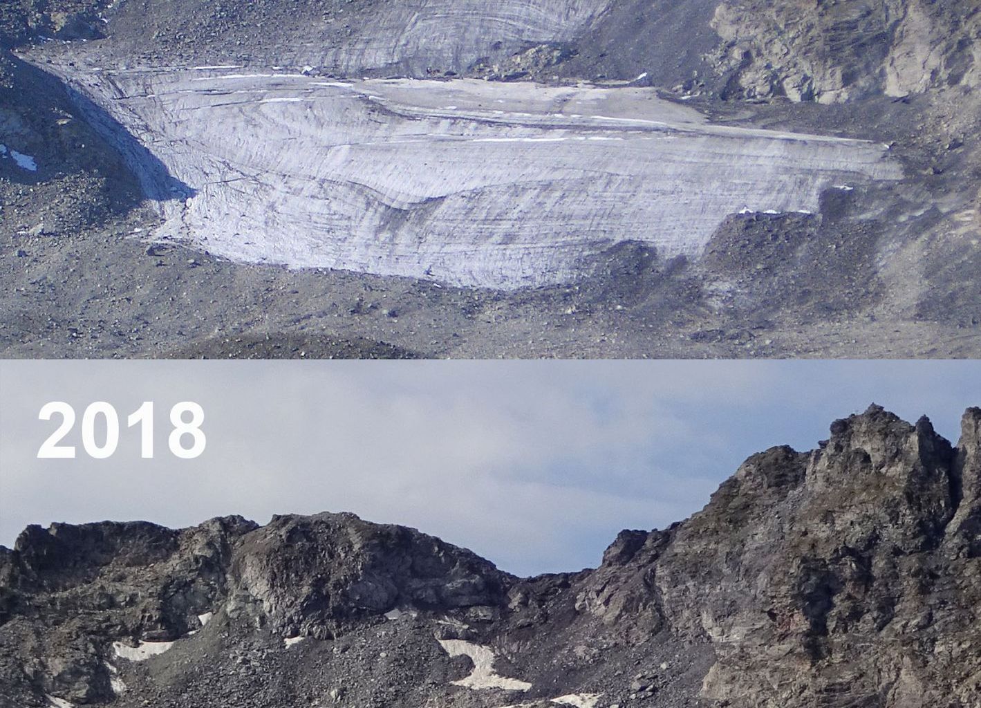 Le glacier de Pizol (SG) s'est vraiment désintégré cet été 2018 et le reste de la glace est fortement couvert de débris.