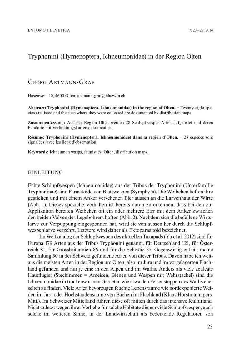 Entomo Helvetica 2014/7: Tryphonini (Hymenoptera, Ichneumonidae) in der Region Olten