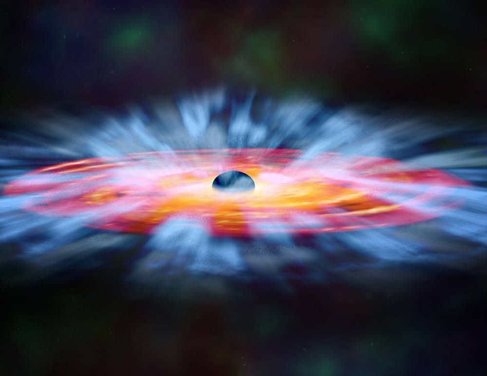 Künstlerische Darstellung eines Schwarzen Lochs, das von Gas umgeben ist, das sich teilweise ins Schwarze Loch bewegt.