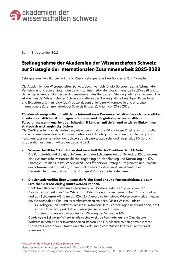 Stellungnahme Akademien Schweiz zur IZA Strategie 2025-2028