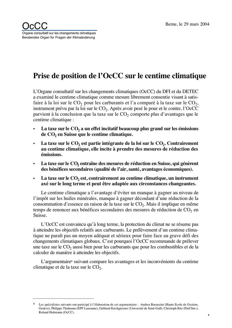 Prise de position: Prise de position de l’OcCC sur le centime climatique