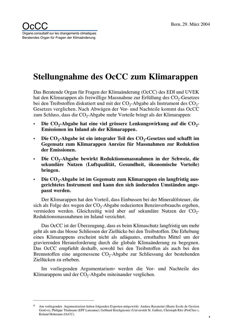 Stellungnahme zum Klimarappen: OcCC-Stellungnahme zum Klimarappen