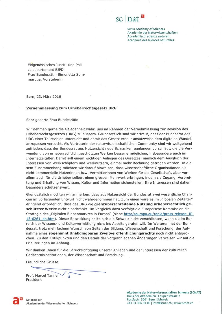 Vernehmlassung zum Urheberrechtsgesetz URG: Stellungnahme der Akademie der Naturwissenschaften