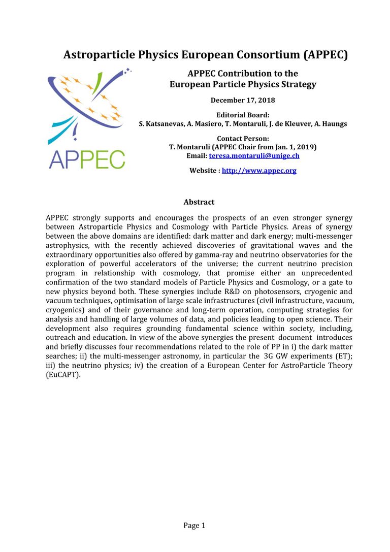 APPEC Contribution to the European Particle Physics Strategy